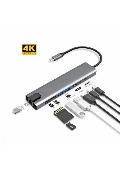 Type C To Hdtv 8 İn 1 Dönüştürücü Adaptör 4k Uhd Görüntü Rj45 + Tf/sd + Hdmı + Usb + Pd Macbook & Laptop Uyumlu