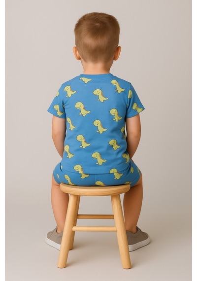 Aden Kids Dinazor Baskılı Yazlık Pijama Takımı Buz Mavisi