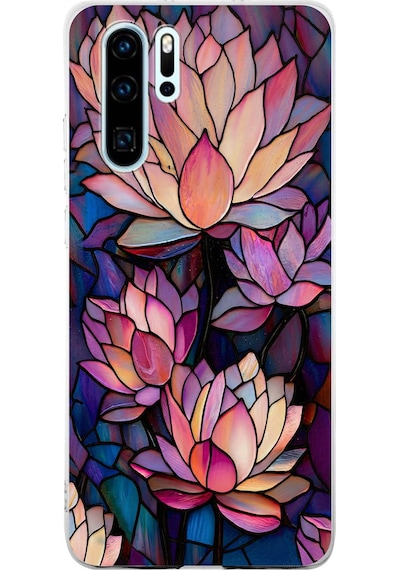 Printify Huawei P30 Pro İle Uyumlu Vitray Sessiz Lotus Tasarımlı Şeffaf Silikon Kılıf Şeffaf
