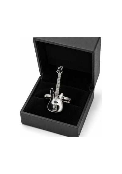 Bas Gitar Figürlü Siyah Beyaz Metal Yüzük Müzik Tutkunlarına Özel Aksesuar Gümüş - Gri