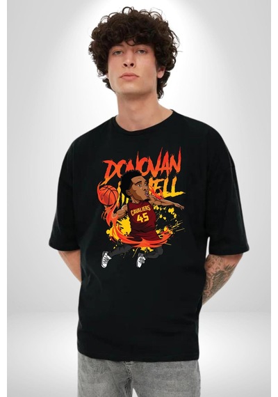 Donovan Mitchell Basketbol Karikatür Pamuklu Bisiklet Yaka Unisex Oversize Boyfriend Dijital Baskılı Siyah T-shirt Siyah