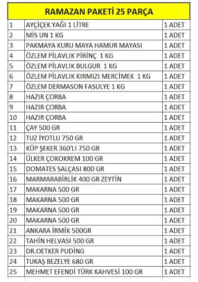 Ramazan Paketi Erzak Yardım Kolisi Paketi 25 Parça