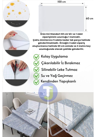 Technojet Kendinden Yapışkanlı Mermer Desen Folyo Mutfak Banyo Tezgah Duvar Kaplama 60cmx100cm Gri