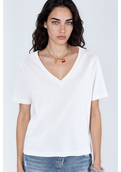 Hiccup Busem V Yaka Düz Regular Fit Pamuk T-shirt Beyaz