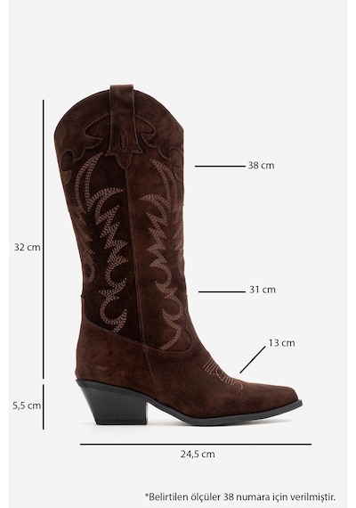 Luvishoes Matıas Kahverengi Süet Hakiki Deri Kadın Nakışlı Western Çizme Kahverengi