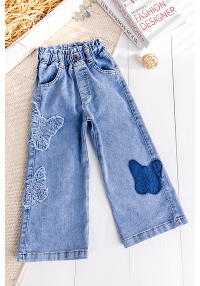 Babymod Kelebek İşlemeli Denim Kız Çocuk Kot Pantolon Mavi