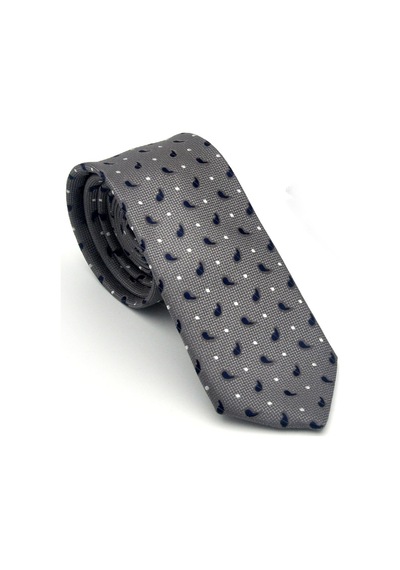 Gaffy Beyaz Lacivert Desenli Gri Dokuma Kumaş Mendilli Slim Fit Kravat // Sdk-2612-3 Gri