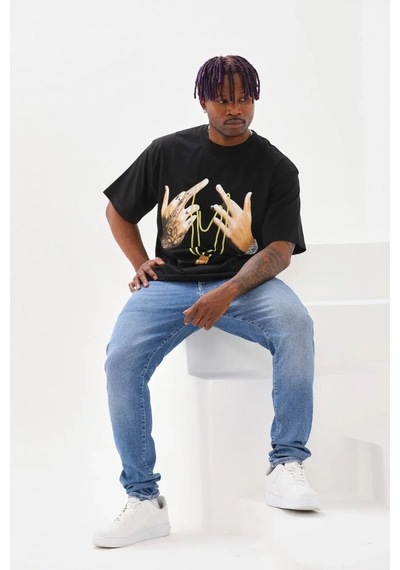Erkek Baskılı T-shirt Kısa Kol Bisiklet Yaka Rahat Kalıp Günlük Tişört - Siyah Siyah
