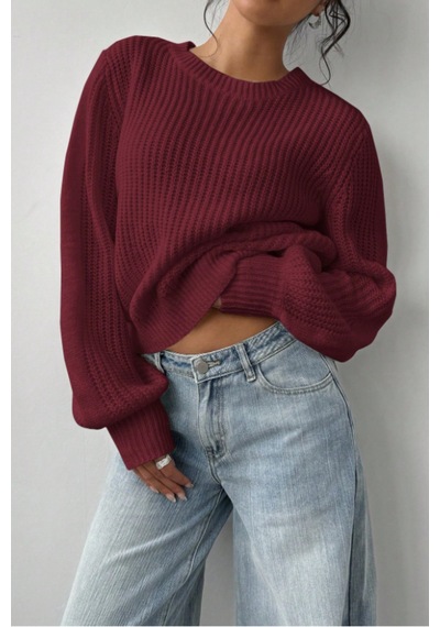 Tarz Cool Kadın Bordo Oversize Bisiklet Yaka Balon Kol Fitilli Triko Kazak Bordo