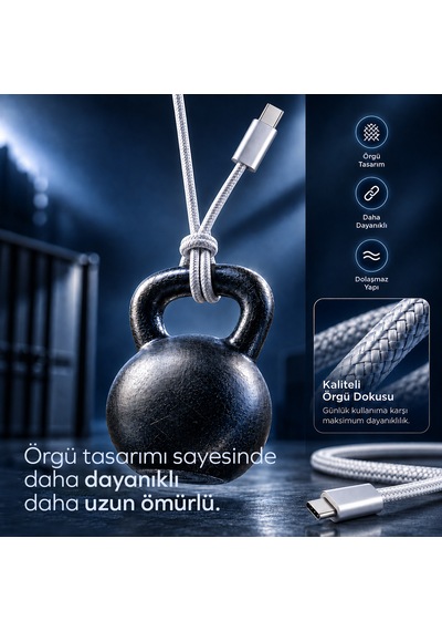 Woyax Samsung Xiaomi Oppo Reeder Huawei Için Örgülü Type C To Type C Hızlı Şarj Kablosu Beyaz 1,2m