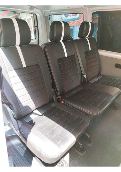 Volkswagen Transporter 4+1 T6 T7 Uyumlu. Siyah Taytüyü Siyah Deri Karışımı Beyaz Şerit Beyaz Ip
