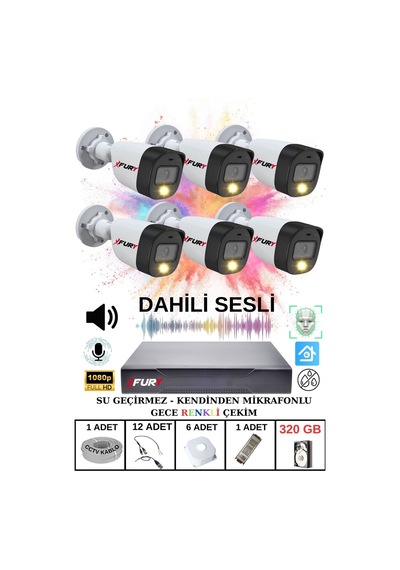 Fury 6 Lı Sesli Gece Renkli Görüş Güvenlik Kamerası Su Geçirmez Güvenlik Kamerası Seti 320gb