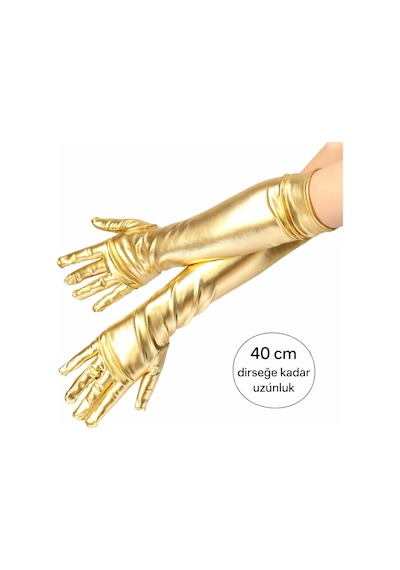 Altın - 568 - Renk Dirsek Altı Lüks Saten Eldiven - Edntrend - 40 Cm