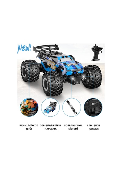 Oyuncak 2.4 Ghz Uzaktan Kumandalı Şarjlı Led Işıklı Drift Atan 15 Km Hız Off Road 45 Dk Batarya Mavi