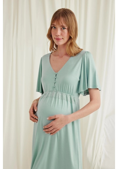 Modenya Herşeytrend Dantelli Önü Düğmeli Hamile Lohusa Viskon Gecelik Açık Yeşil