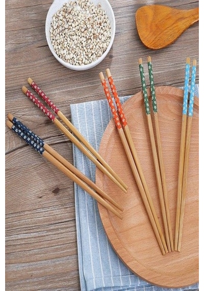 5 li Set Bambu Çin Çubuğu Chopstick Yıkanabilir ve Kullanılabilir Çok Renkli