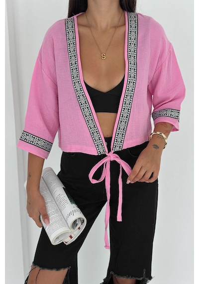 Noa & Noa Kadın Bağlamalı Dekor Şeritli Crop Top Gömlek Street Muse Pembe