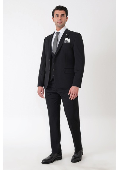 Efor Slim Fit Esnek Pamuklu Dokulu Siyah Yelekli Takım Elbise Tk 959