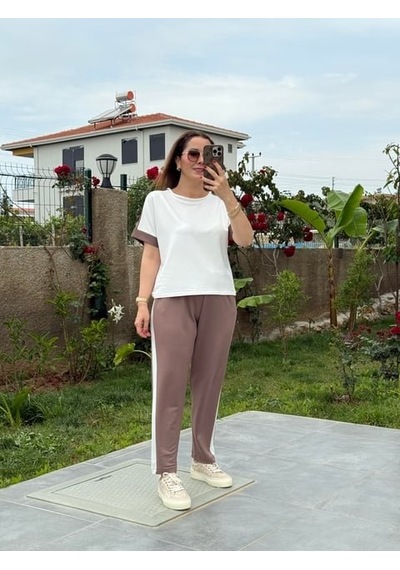 Modi Kadın Modal Dokulu Kumaş Yanı Şeritli Takım Kahve