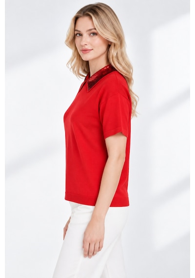 Bihan Store Pul Payet Yakalı Kısa Kollu Kadın Bluz W27-2922-kırmızı