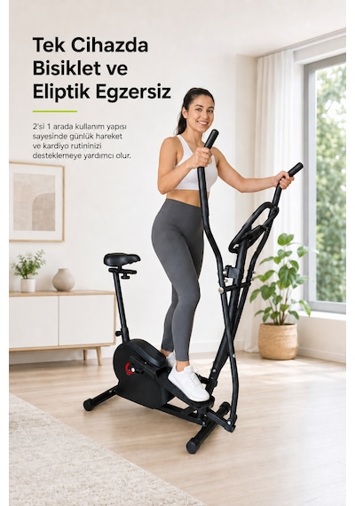 Flex 2'si 1 Arada Eliptik Kondisyon Bisikleti Nabız Ölçerli 8 Kademeli Dirençli Egzersiz Aleti Siyah