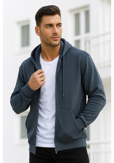 Rich Erkek Füme Kapüşonlu Kanguru Cepli Fermuarlı Sweatshirt Füme
