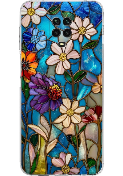 Printify Redmi Note 9 Pro İle Uyumlu Vitray Mavi Bahar Tasarımlı Şeffaf Silikon Kılıf Şeffaf