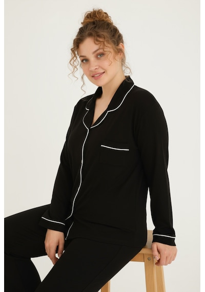 Bravie Luxury Viscose Siyah Beyaz Biyeli Kadın Uzun Kollu Büyük Beden Pijama Takımı 42501 Siyah