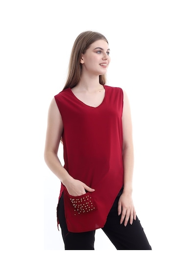 Self Clothing Kadın Bordo V Yaka Cep Ve Yırtmaç Detaylı Bluz Slf1246-Bordo