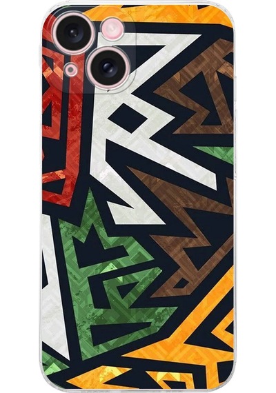 Apple Uyumlu iPhone 15 Kamera Korumalı Soyut Grafiti Tasarımlı Şeffaf Silikon Kılıf