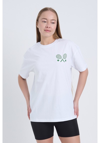Velvoria Unisex Oversize Relaxed Tennis Baskılı Beyaz Renk T-shirt