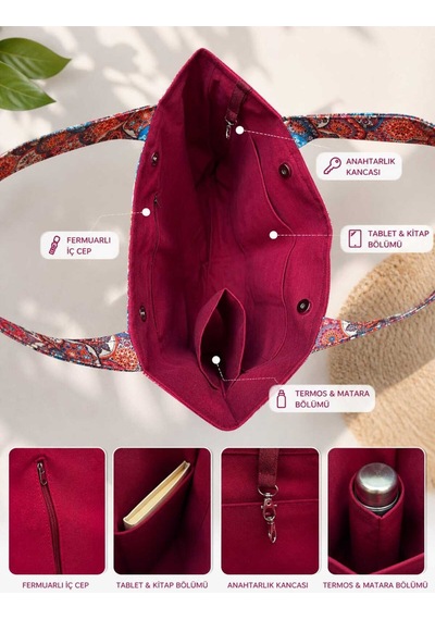 Aksesuarsepeti El Yapımı, Kadın Omuz Çantası, İçi Organizerli Matara,kitap,tablet Bölmeli,fermuarlı İç Cepli Bordo
