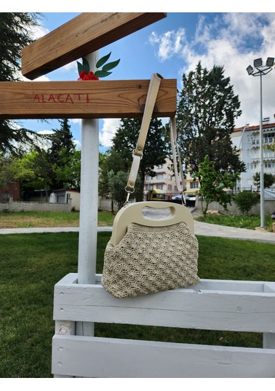 Fikriharika Design Bej ,ahşap Burslu, Işıltılı, Kadın El Çantası