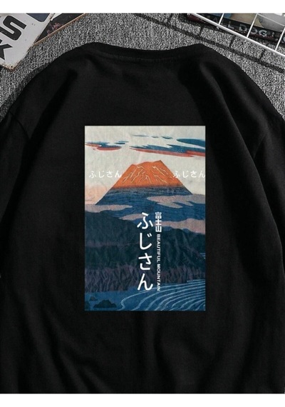 Mount Fuji Baskılı Siyah T-shirt Oversize Unisex Siyah