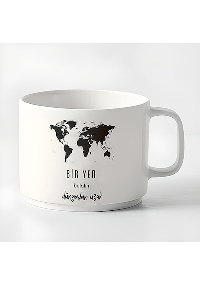Duble Türk Kahvesi Fincanı & Espresso Bir Yer Bulalım Dünya'dan Uzak 180 Ml Beyaz