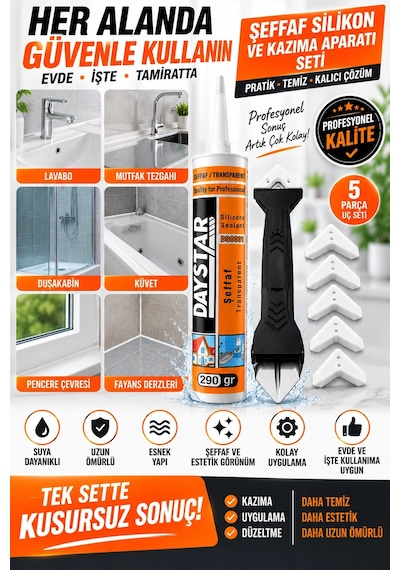 Şeffaf Silikon 290 Gr + 5 Başlıklı Silikon Kazıma Ve Derz Düzeltme Aparatı Seti