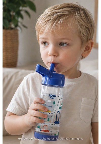 Wee Kids Arabalı Pipetli Çocuk Matarası Okul Ve Kreş Suluğu 500 Ml 12+ Ay Mavi