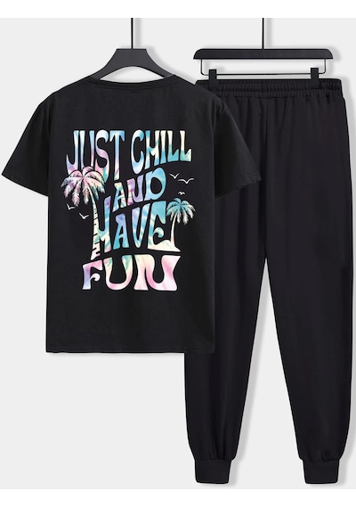 Uyguntarz Unisex Just Chill And Have Fun Baskılı 2'li Eşofman Takımı Siyah