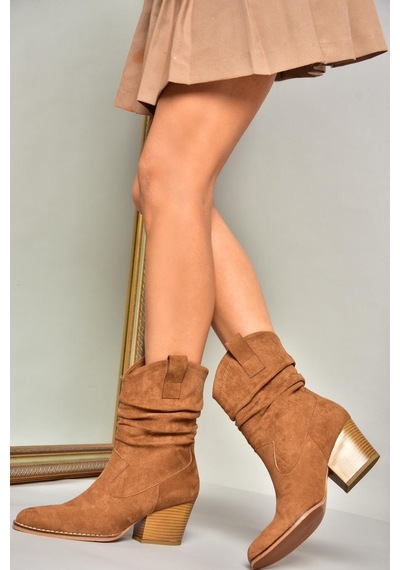 Fox Shoes T296713002 Taba Süet Kalın Topuklu Kadın Bot Taba-Süet Taba