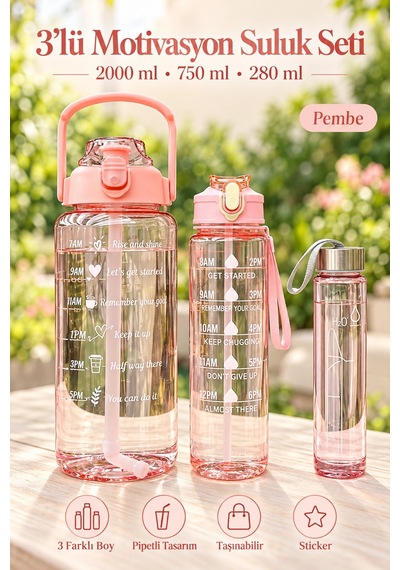 Madamev 3lü Motivasyonel Suluk Matara Seti 2000+750+280ml Pipetli Sticker Askılı Spor Okul Su Şişesi Pembe