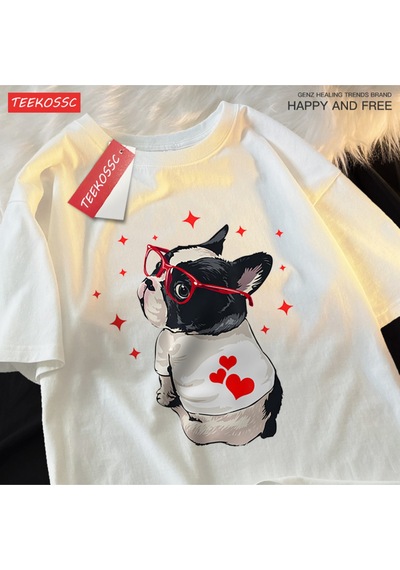 Startmore Y2k Vintage Tişört Tee Sevimli Köpek Geri Bakmak Baskı Beyaz