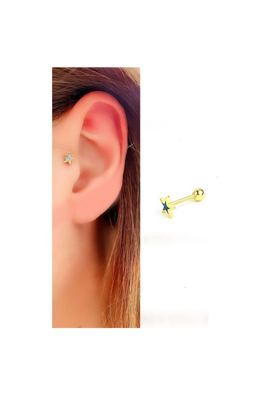 Opal Taşlı 925ayar Gümüş Üzerine Altın Kaplama Yıldız Figürlü Tragus Kıkırdak Piercing Altın