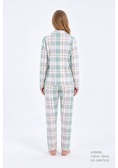Cottonill Yeşil Gri Ekose Desenli Yumuşak Dokulu Gömlek Yaka Düğmeli Uzun Kollu Kadın Pijama Takımı