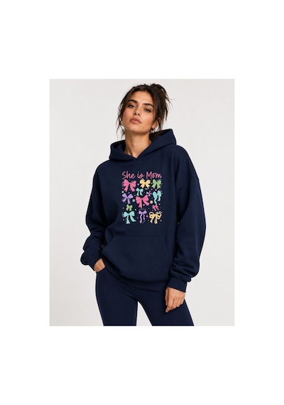 Herkesemoda Renkli Kurdeleler Baskılı Kapüşonlu 2 İplik Şardonlu Sweatshirt Lacivert