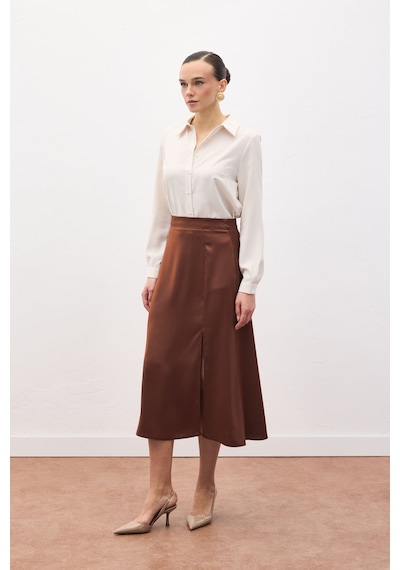 Sateen Yırtmaçlı Saten Etek - Kahve-136723 Kahve