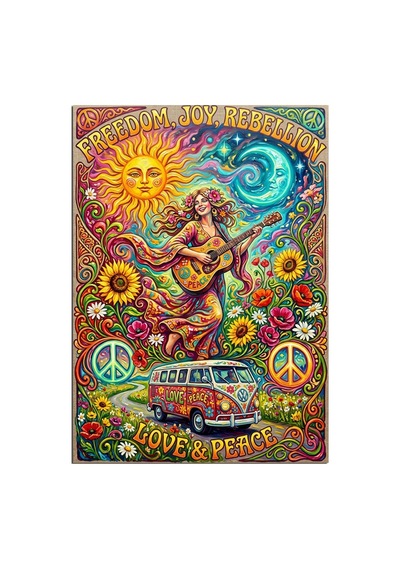 Hippie Love Peace Güneş Karavan Dekoratif Kanvas - Mdf Ahşap Tablo Çok Renkli