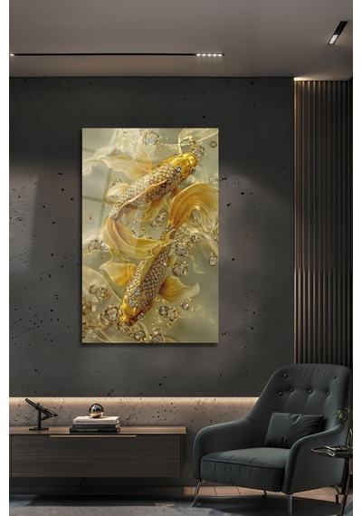 Lüks Altın Koi Balığı Mücevherli Feng Shui Cam Tablo Zenginlik Ve Şans Temalı Duvar Sanatı Modern Dekorasyon Temalı Dekoratif Duvar Tablosu, Salon, Ev Ve Ofis Dekoru,