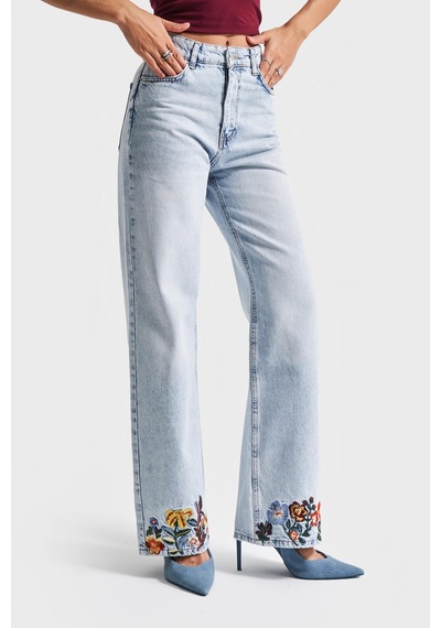 Itsbasic Kadın Ice Kot Rengi 4s5-3 Straight Fit Çiçek Nakışlı %100 Koton İç Boy 80 Cm Tasarım Denim Jean Buz Mavi