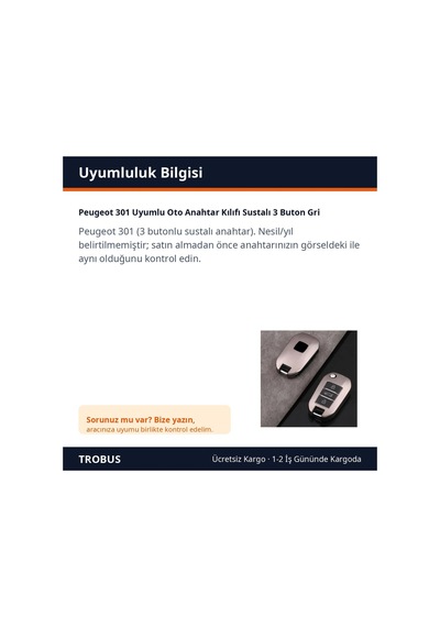 Trobus Peugeot 301 Uyumlu Oto Anahtar Kılıfı Katlanır 3 Buton Gri