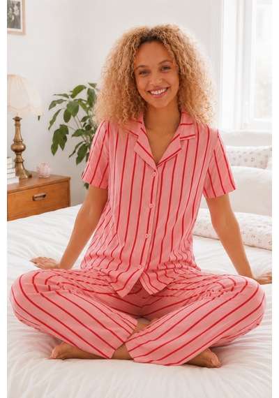 Pembe Kırmızı Çizgili Bürümcük Kumaş Pijama Takımı 4647-pembe